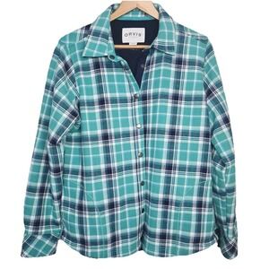 Orvis Snap Front Shirt Shacket Womens L Blue Green Plaid Fleece Lined Warm